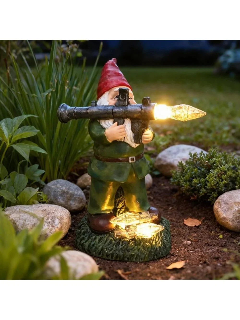 Large Solar Garden Gnome Statue - Military Soldier Decor, Unique Outdoor